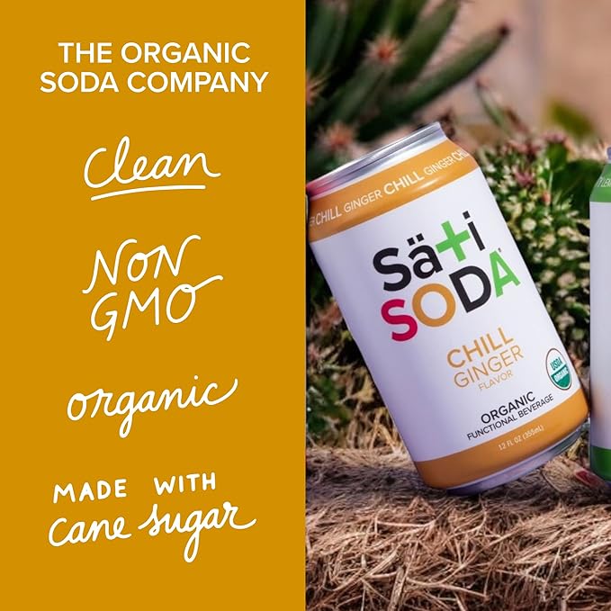 Sati Soda Ginger – Functional Ginger Soda with Chamomile – Low Sugar (9g) Organic Sparkling Drink for Calm &amp Digestion – Healthy Soda Alternative – 12 Pack