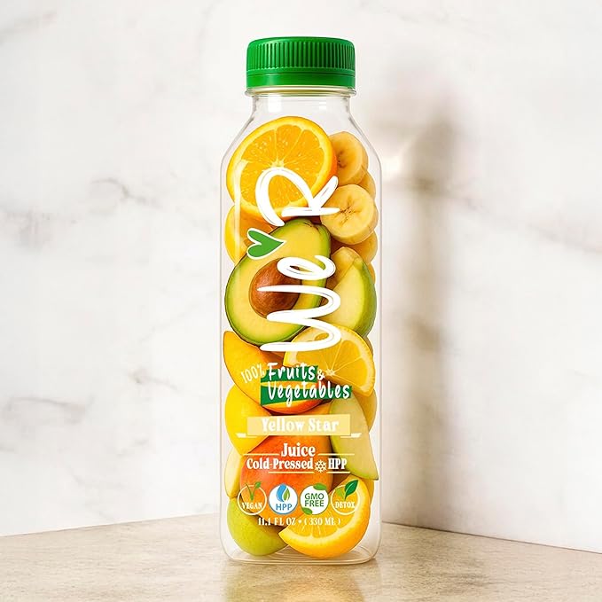 WE’R Yellow Star – 100% Fruits &amp Vegetables Juice – Orange banana pear avocado peach lemon – Cold-Pressed &amp HPP – 10 Pack – 11.2 fl oz Each (330 ml) – Nothing Added! Vegan GMO-Free Not