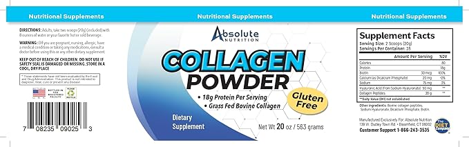 Absolute Nutrition Collagen Powder - Unflavored 20oz. with Hyaluronic Acid Organic Collagen Peptides for Men &amp Women Grass-Fed - Hair Skin Nail &amp Joint Support Paleo &amp Keto Non GMO