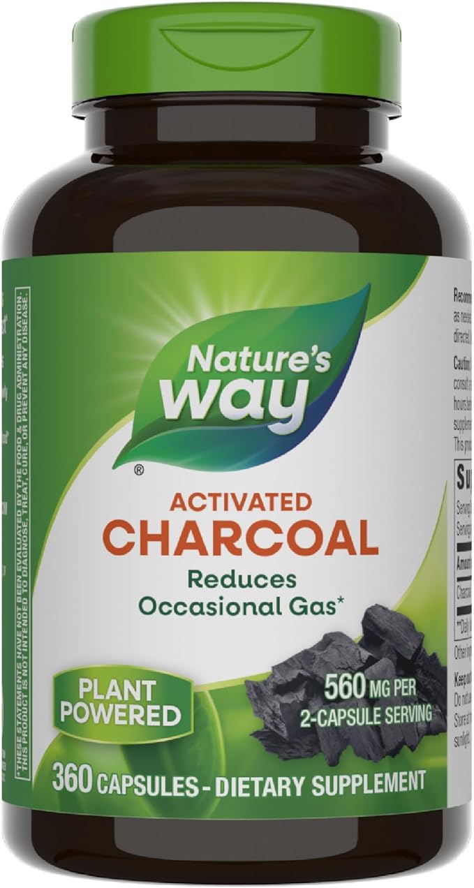 Nature's Way Activated Charcoal Binds Unwanted Materials and Gas in the Digestive Tract* 560 mg per 2-Capsule Serving 360 Capsules (Packaging May Vary)