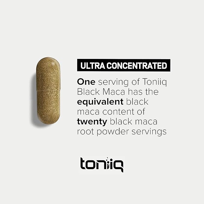 Toniiq Black Maca Root - Ultra High Potency 20:1 Extract - Single Origin Wildcrafted &amp Highly Concentrated - Third-Party Lab Tested - 120 Capsules