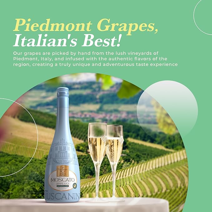 Tuscanini Sparkling Moscato Grape Juice 25.3oz (2 Pack) | Non Alcoholic Italian Moscato | Elegant Champagne Bottle | Imported from Italy | Great for Cocktails | Kosher