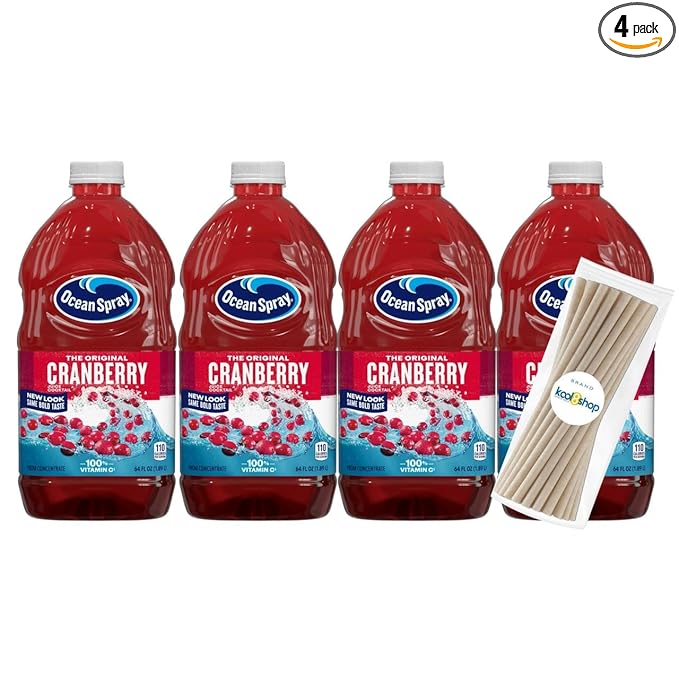 Ocean Spray Cranberry Fruit Juice Drink 64 fl oz Plastic Bottle 4 Pack + 15 Sugarcane Disposable Straws by KOOL8SHOP Infinite Deals
