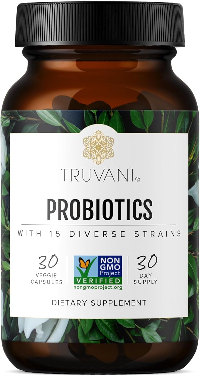Truvani Probiotic Supplement | 30 Servings | 15 Billion CFU | 15 Diverse Strains for Digestive Immune &amp Brain Health Support | Shelf-Stable Vegan Capsules | Non-GMO No Fillers