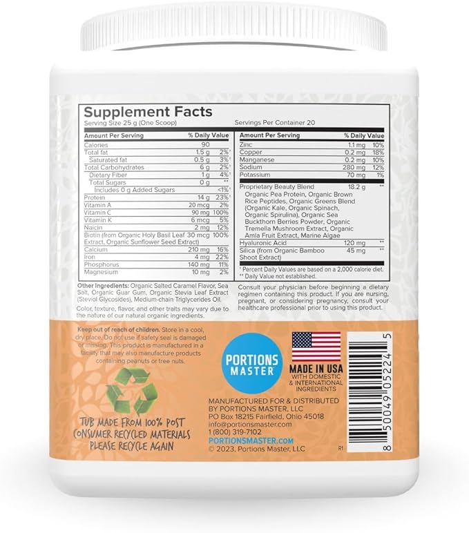 Portions Master Vegan Collagen Builder Plant Based Collagen Support Powder with Rice &amp Pea Protein Silica Biotin Tremella Mushroom Vitamin C (Salted Caramel 500g)