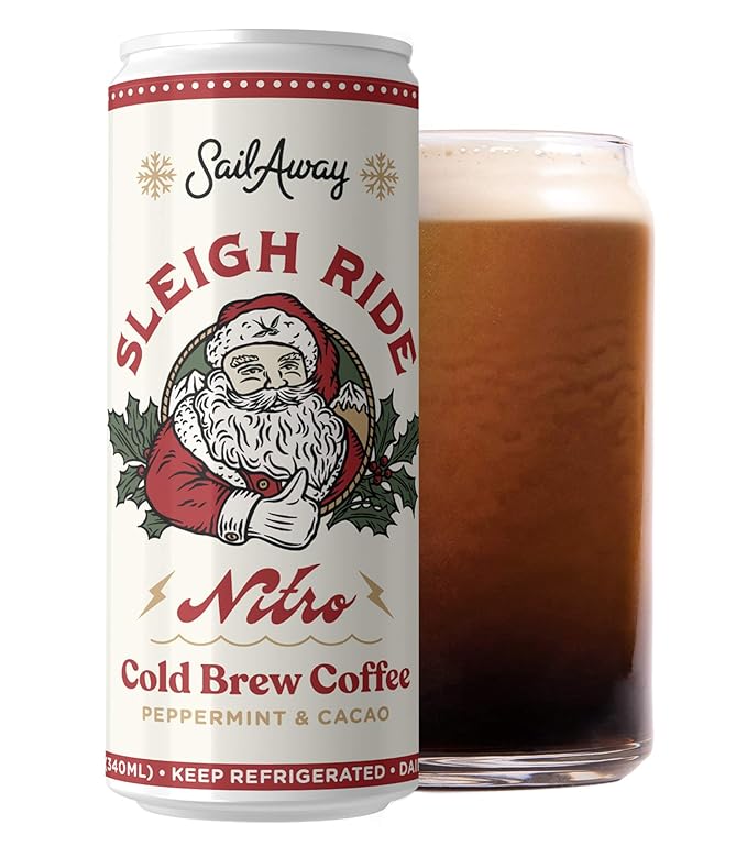 Sail Away Coffee Co. | Sleigh Ride Peppermint Mocha Nitro Cold Brew Coffee | Low Sugar Gluten Free &amp Non-Dairy | Organic | Draft Nitrogen Pour Clean Energy Low Acidity | 11.5oz (Pack of 6)