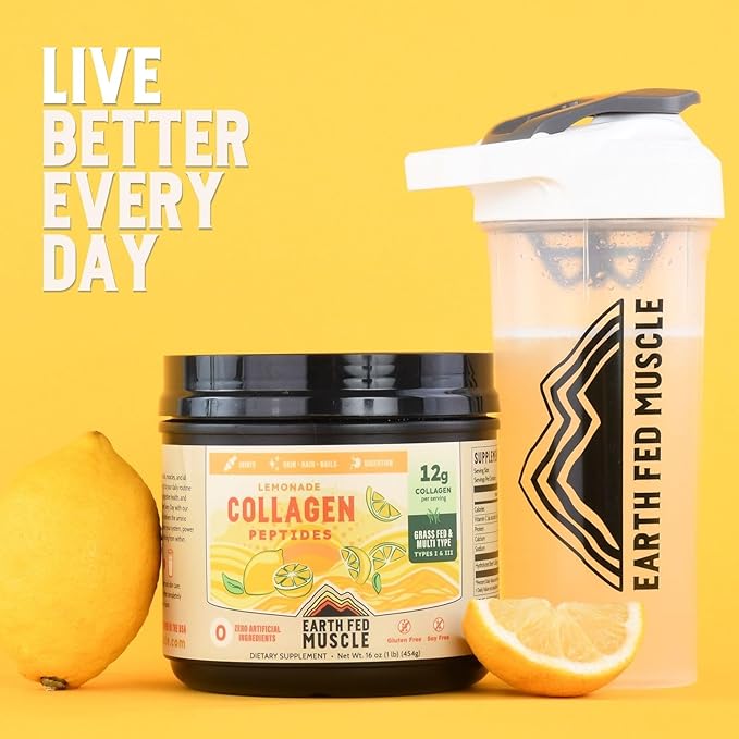 Earth Fed Muscle Lemonade Collagen Powder – Grass Fed Hydrolyzed Collagen for Women &amp Men - Healthy Bones Skin &amp Hair - Types 1 &amp 3 Collagen Powder 12g Per Serving 33 Servings
