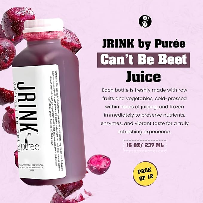 JRINK by Purée Organic Can’t Be Beet Juice Raw Beet Blend Cold Pressed Vegetable and Fruit Drink Healthy Detox Cleanse Organic Cold Press Juice Gluten-Free Energy Boost 16oz Bottles Pack of 12