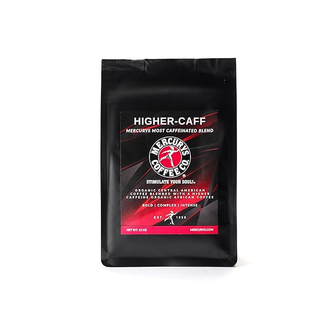 Mercurys Coffee Co. Higher Caff Coffee – Extra Caffeine Bold &amp Smooth Roast 100% Organic Central American Coffee blended with a Higher Caffiene African Coffee 12oz Whole Bean Bag