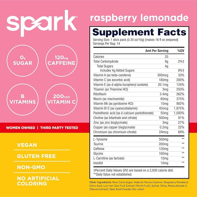 AdvoCare Spark Vitamin &amp Amino Acid Supplement - Sugar-Free Focus &amp Energy Drink Powder with Vitamins A C E &amp B-12 - Raspberry Lemonade 14 Stick Packs