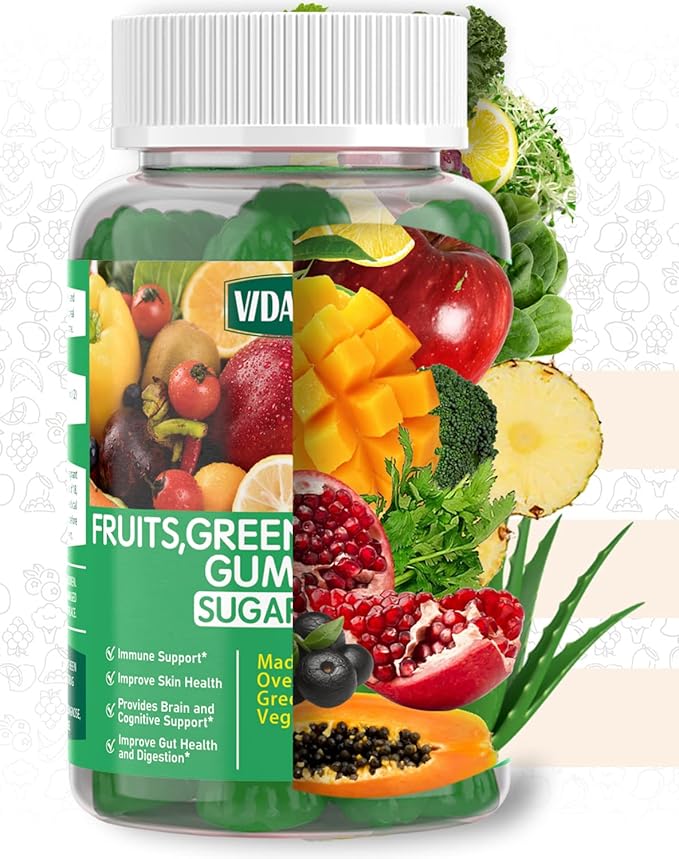 Sugar-free Super Greens Gummies — US-Made 35+ Fruit and Veggie gummies to Boost Immunity Skin &amp Gut Health — Ideal Fruits and Vegetables Supplement for Adults &amp Picky Teens (30-Days Supply)