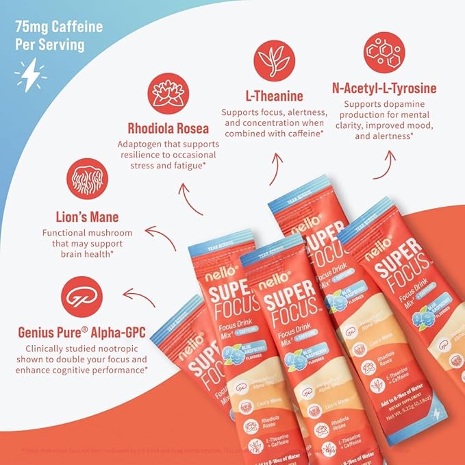 Nello Superfocus – Nootropic Focus Drink Mix for Productivity Caffeine L-Theanine Rhodiola Rosea Alpha-GPC Lion’s Mane Tyrosine Sugar-Free Packets - Blue Raspberry with Caffeine (Pack of 20)
