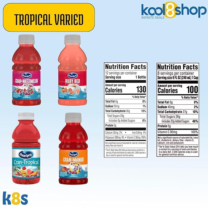 Ocean Spray Tropical Varied Fruit Juice Drink 10 fl oz Plastic Bottles 24 Pack + 2 Reusable Snack Bags by KOOL8SHOP Infinite Deals