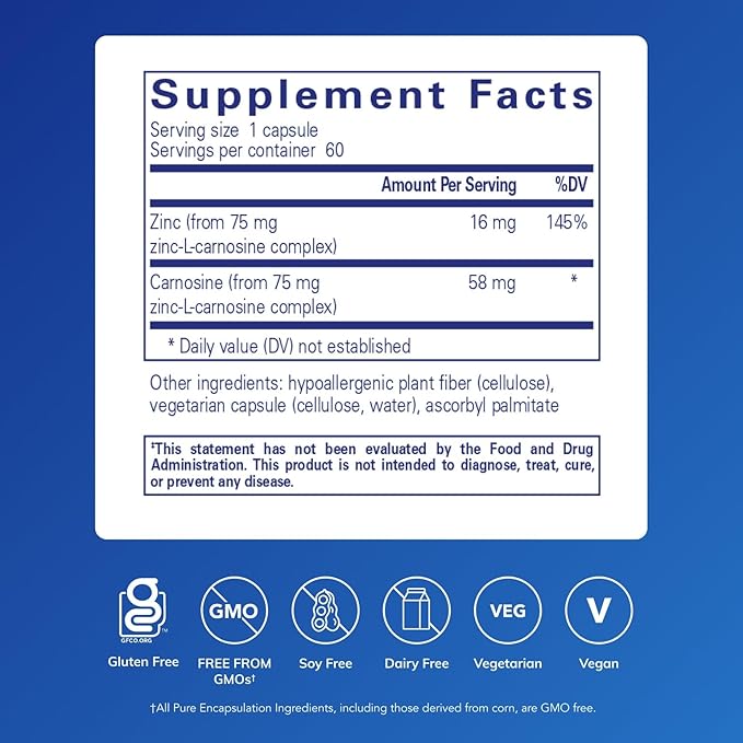 Pure Encapsulations Peptic-Care - Zinc-L-Carnosine - Gut Health &amp Antioxidant Supplement - Supports Gastric Health* - Vegan &amp Gluten-Free - 60 Capsules