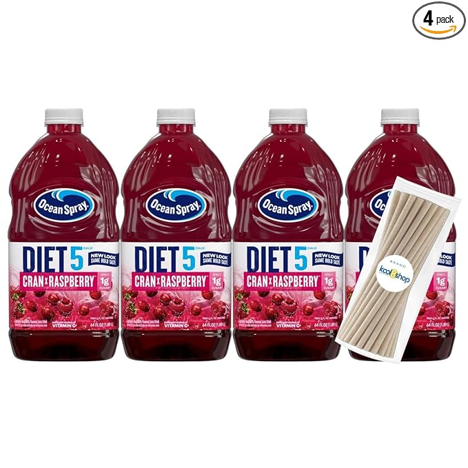 Ocean Spray Diet Cran Raspberry Juice Drink 64 fl oz Plastic Bottle 4 Pack + 15 Sugarcane Disposable Straws by KOOL8SHOP Infinite Deals
