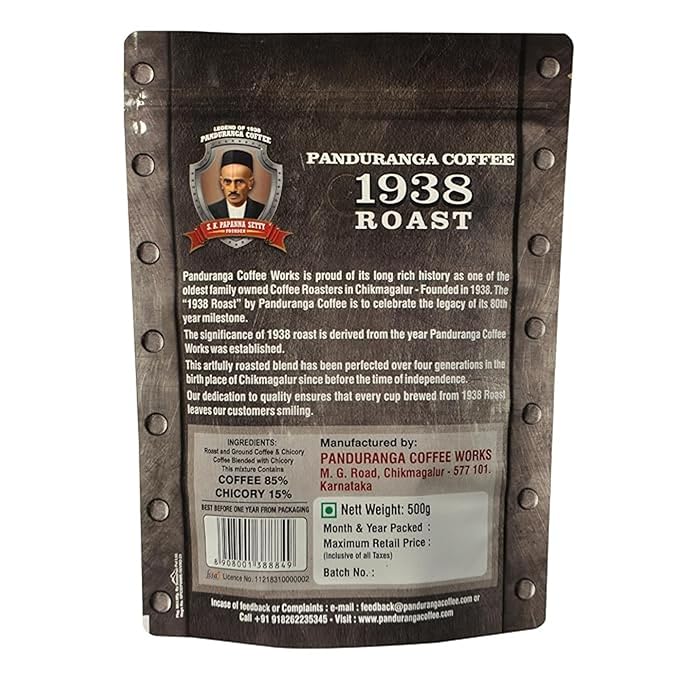 Panduranga Coffee 1938 Roast - Premium South Indian Filter Coffee Celebrating 80+ Years of Legacy Authentic Chikmagalur Blend Artfully Roasted for Rich Aroma &amp Flavor 500g (Pack of 2)