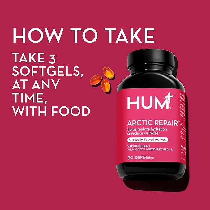 HUM Arctic Repair Clear Skin Supplement with Omega 3 Vitamin E A and Lingonberry Seed Oil Skin Repair with Omega 3 6 9 to Help Support Appearance of Wrinkles &amp Hydrate 90 Vegan Softgels