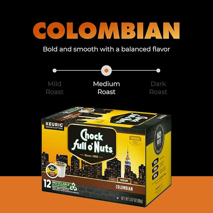 Chock Full o' Nuts Colombian Keurig K-Cup Pods for Keurig Brewers – Premium Arabica Medium Roast – Single Serve – 6 Packs of 12 K-Cup Pods