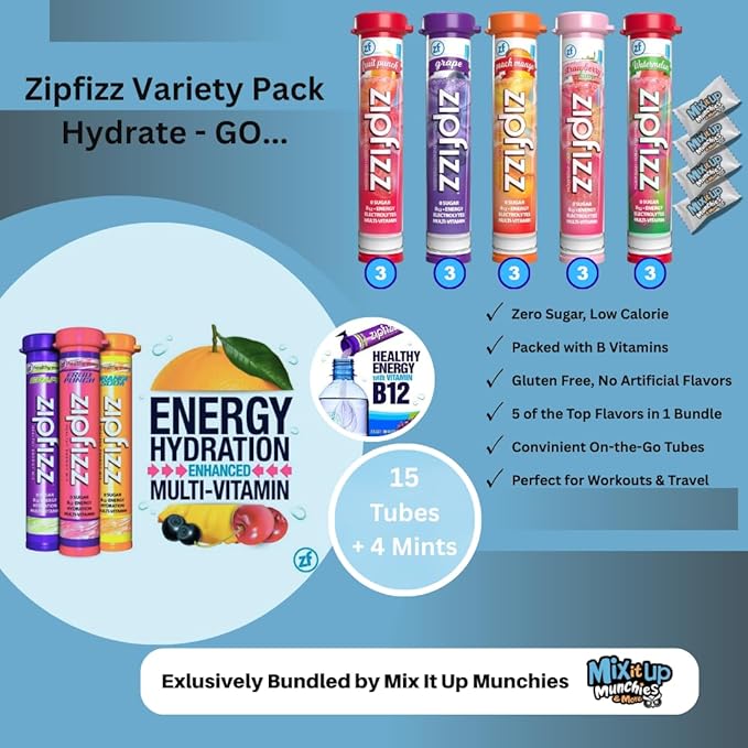 Zipp Hydration Variety Pack - 5 Top Flavors 15 Tubes - Sugar Free Electrolytes Powder Packets for Instant Hydration Travel Essentials + 4 MIMM MInts | Bundled by Mix It Up Munchies | Healthy Gift Box