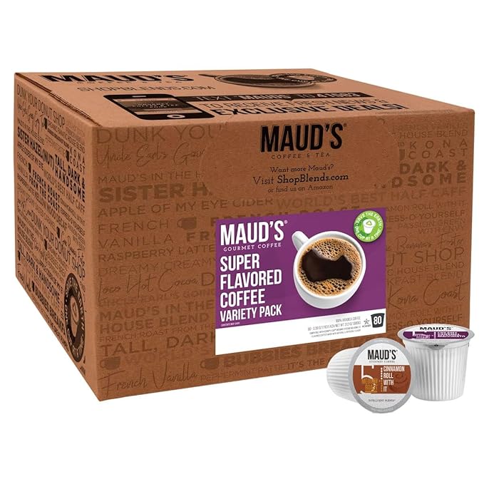 Maud's Super Flavored Coffee Pods Variety Pack 80 ct 16 Assorted Flavors Medium Roast Flavored Coffee in Single Serve Pods – 100% Arabica Beans Compatible with Keurig K Cups Maker