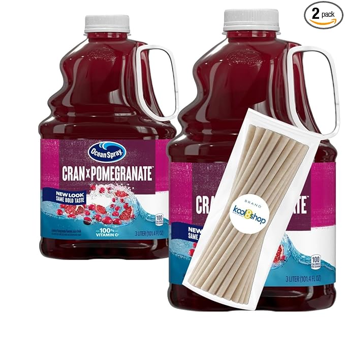 Ocean Spray Cran Pomegranate Juice Drink 101.4 fl oz Plastic Bottles 2 Pack + 15 Sugarcane Disposable Straws by KOOL8SHOP Infinite Deals