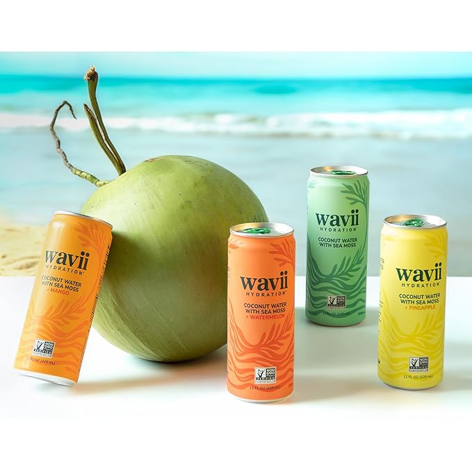Wavii Hydration Organic Coconut Water with Organic Sea Moss plus Mango 11 fl oz Cans Pack of 12 – Clean Refreshing Hydration with Naturally Occurring Electrolytes No Added Sugar Non-GMO
