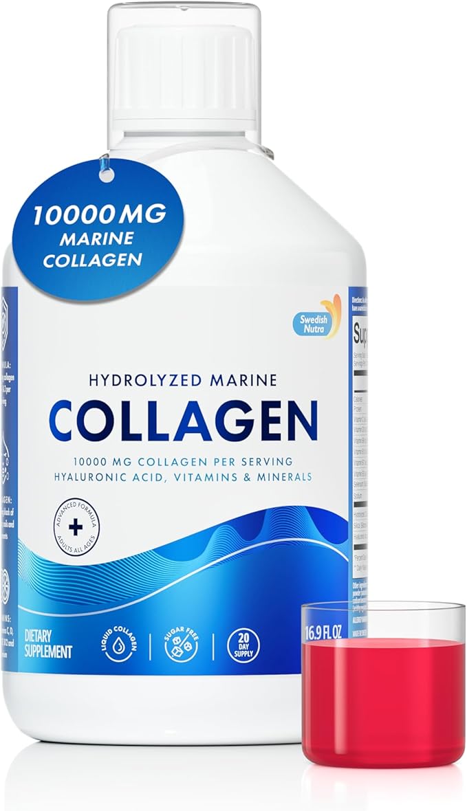 Swedish Nutra 10000 mg Hydrolyzed Marine Collagen Liquid Supplement - 500 ml 20 Day Supply | Hyaluronic Acid Biotin &amp Vitamin C for Healthy Hair Skin Nails &amp Joints | For Men &amp Women