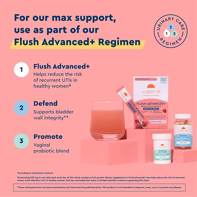 Uqora Flush Advanced+ - Helps Reduce Risk of Recurrent UTI** - with Cranberry D-Mannose Vitamin C Vitamin B6 &amp Potassium - Gluten-Free &amp Vegan - Triple Berry Flavor - 20 Packets (2 Pack)