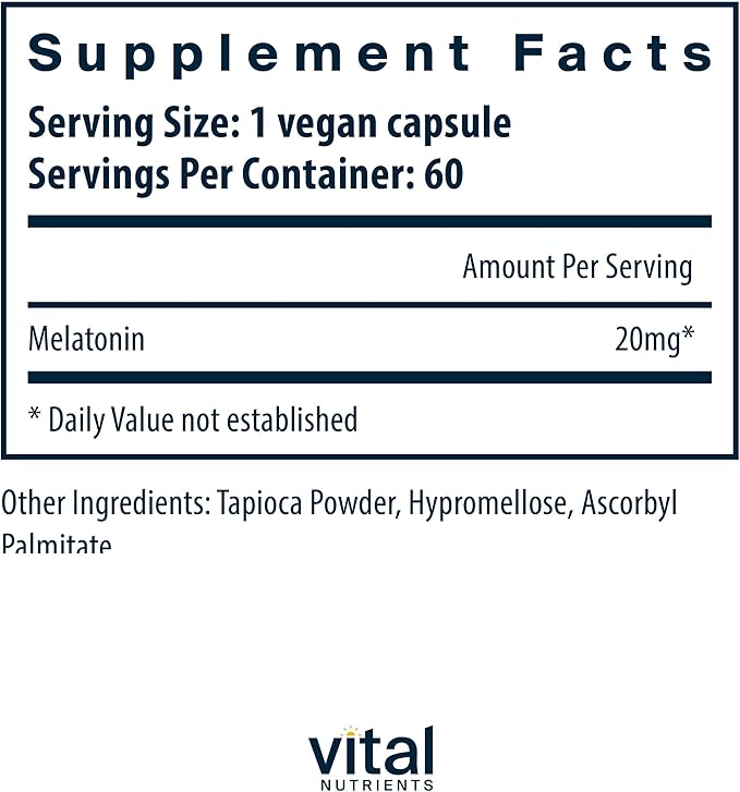 Vital Nutrients Melatonin 20mg - Vegan - Sleep Supplement to Support The Body's Natural Sleep Cycle* - Gluten Dairy Soy Free - 60 Capsules