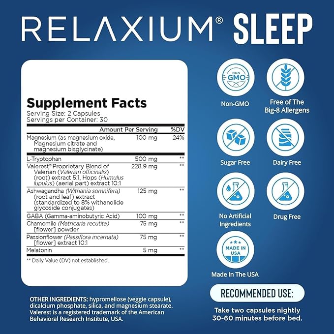 Relaxium Sleep Aid Melatonin with Magnesium Glycinate Valerest &amp Ashwagandha Non-Habit Forming Sleep Supplement 60 Vegan Capsules 30-Day Supply