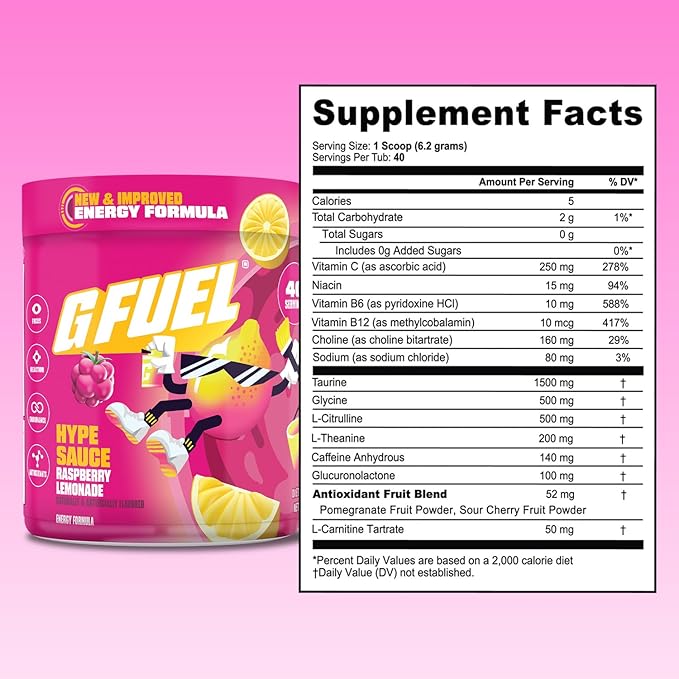 G Fuel Hype Sauce 2.0 Energy Drink Powder Pre Workout Caffeine Mix for Gaming Sugar Free Focus Amino Vitamin + Antioxidants 8.7oz (Raspberry Lemonade 40 Servings)