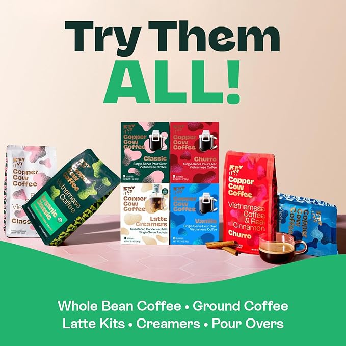 Copper Cow Vietnamese Coffee Variety Pack (15 Coffees &amp 15 Creamers)| Classic Vanilla &amp Salted Caramel Latte | Pour Over Single-Serve Lattes No Refrigeration Needed Travel Friendly Ground