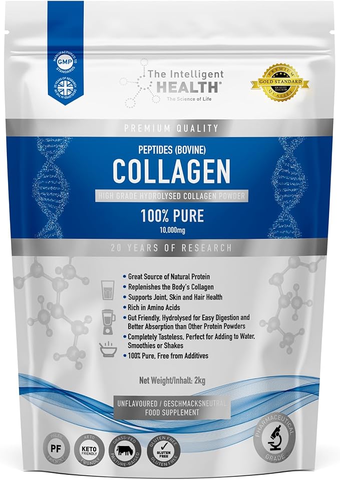 The Intelligent Health Hydrolysed Collagen Powder (Bovine) - High Protein Grass Fed Unflavoured Peptides - Collagen Supplements for Women | Gluten Free Paleo &amp Keto Friendly (2Kg)