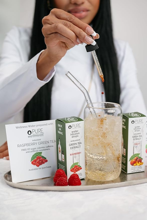 Pure Inventions - Water Infusion Drops - Daily Immunity Support Rich in Antioxidants Electrolytes - No Sugar Calories or Artificial Sweeteners - Green Tea Raspberry 30 serv.