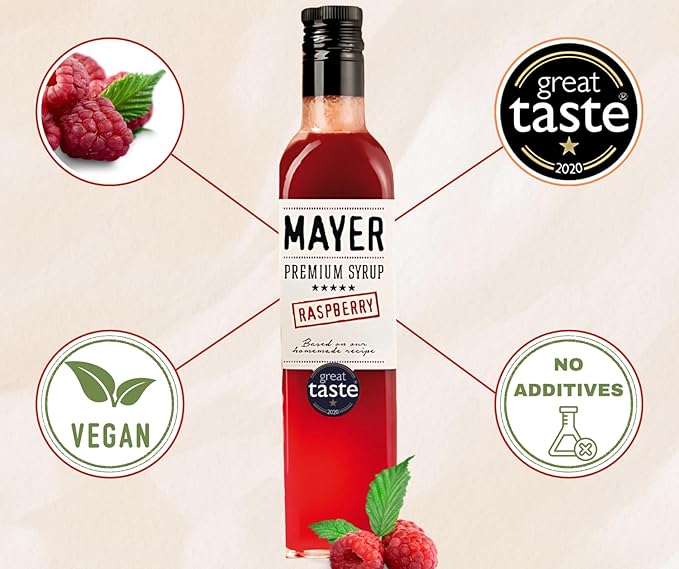 Mayer Premium Artisan Hungarian Raspberry Syrup – Award-Winning Real Fruits and 3 Natural Ingredients Vegan Gluten Free Dairy Free Versatile for Beverages &amp Desserts – No Artificial Additives