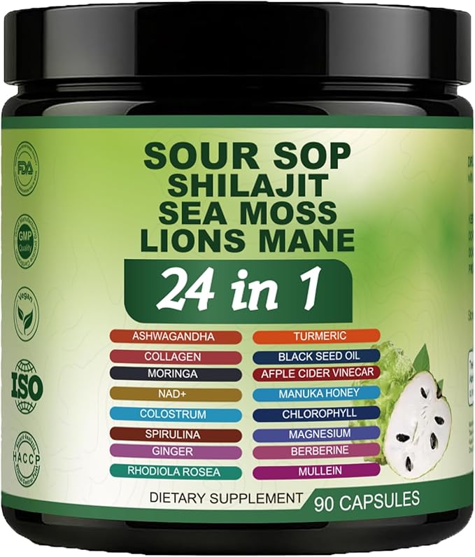 Soursop Capsules - 24 in 1 Graviola Soursop Capsules with Shilajit Sea Moss Lions Mane Turmeric Ashwagandha Vegan Ginger &amp Manuka Honey and More Non-GMO 90capsules