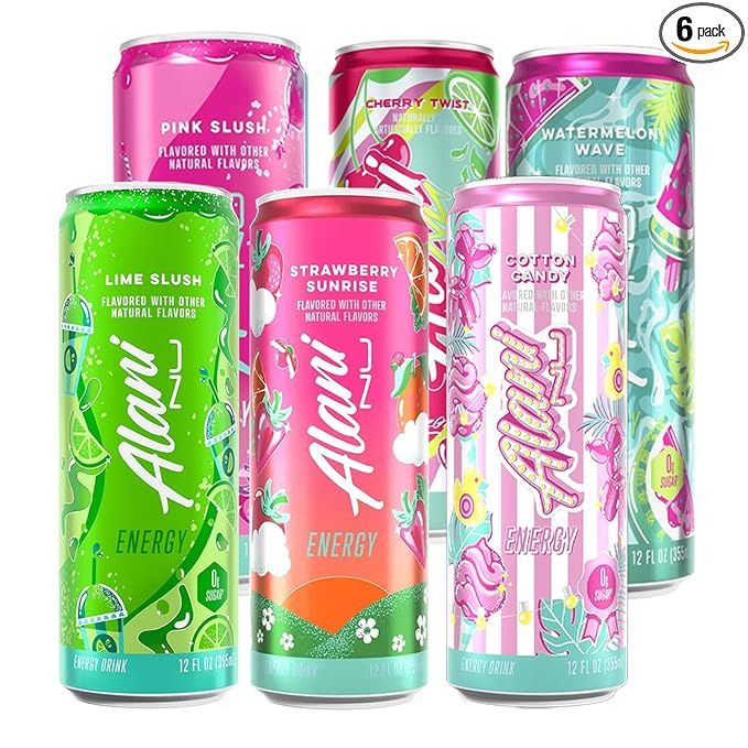 Alani Energy Drink Variety Pack – Sugar Free Low Calorie Energy Drinks – Assorted Flavors – 12 fl oz Cans (Pack of 6) (Lime Slush Strawberry Sunrise Cotton Candy Pink Slush Cherry Twist Watermel