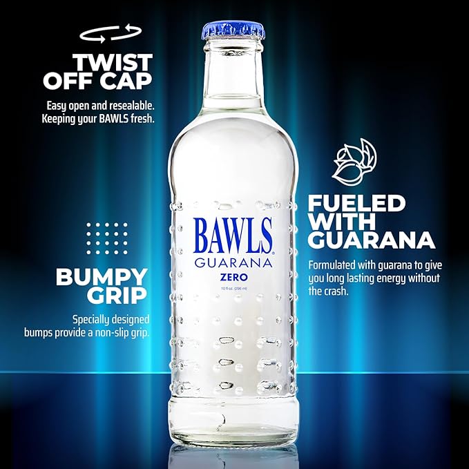 BAWLS Guarana Zero BAWLS Guarana Drink Guarana Soda Guarana Fueled Soda for Energy High Energy Caffeinated Drink 10oz 24 Pack Glass Bottles