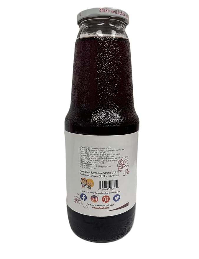 Anna and Sarah 33.8 Oz Organic Grape Juice - USDA Organic Certified - Glass Bottle (4 Pack) No Sugar No Artificial Colors No Preservatives No Flavors Added Not from CONCENTRATE