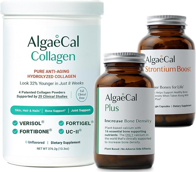 ALGAECAL Bone Builder &amp Collagen Bundle – Clinically-Supported Collagen with Verisol Fortibone Fortigel + Plant-Based Calcium Strontium D3 K2 Magnesium &amp 16 Nutrients for Beauty &amp Bo