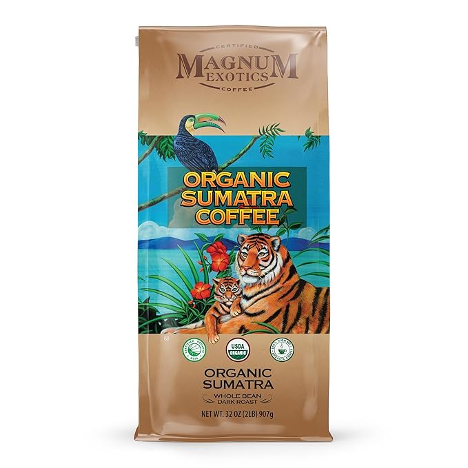 Magnum Exotics Organic Sumatra Gayo Mountain Whole Bean Coffee - Dark Roast Coffee Beans Caffeinated Roasted Bulk Brew Rich &amp Smooth Flavor Fresh Roast - 32 oz (2 lb) Bag