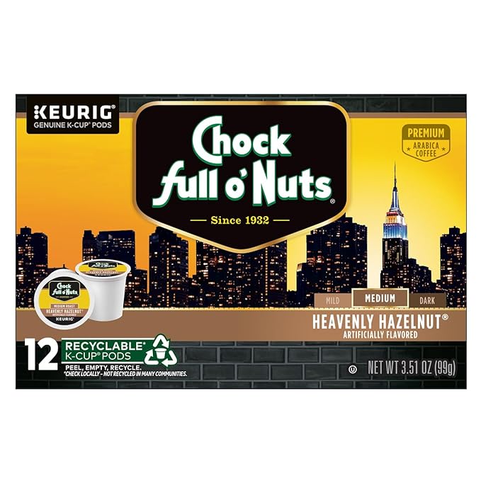Chock Full o'Nuts Heavenly Hazelnut Coffee Compatible with K-Cup Pods 12 CT (Pack of 3)