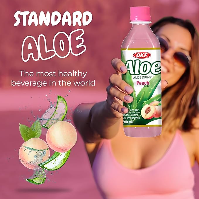 OKF Aloe Vera Drink Juice with Pure Aloe Pulp Variety 16.9 oz. (Peach Pack of 20) Plant Based Drink Korean drinks