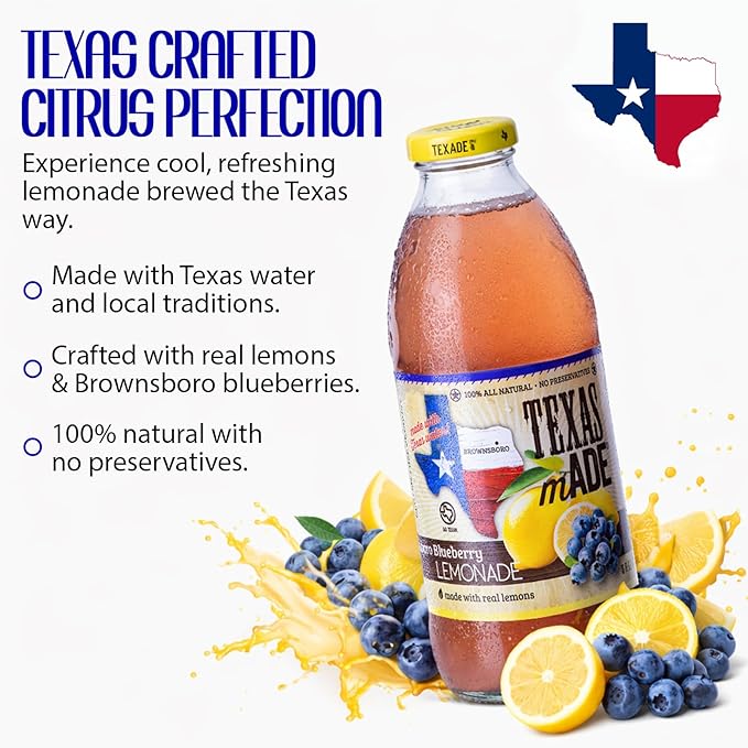 Texas mADE Brownsboro Blueberry Lemonade NON GMO Verified Lemonade Made with Pure Cane Sugar and Blueberry Flavor No Preservatives Texas Crafted Lemonade 16 fl oz Pack of 12