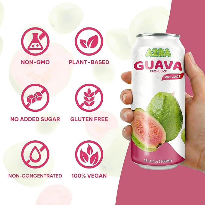 AZRA 100% Guava Juice – 500ml Cans Exotic Fruit Juice Beverages – Zero Sugar Drinks Healthy Guava Drink for Kids and Adults – Bulk 100% Juice Pack 12 Count