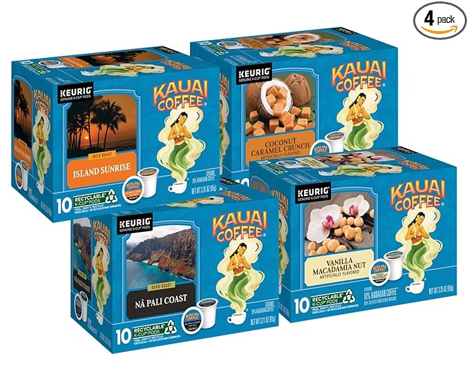 Kauai Coffee K-Cup Pods for Keurig Brewers – Arabica Coffee 10% Hawaiian – Mild Medium and Dark Roast Rich Smooth No Bitterness – Four Flavors 4 Packs of 10 Single Serve K-Cups