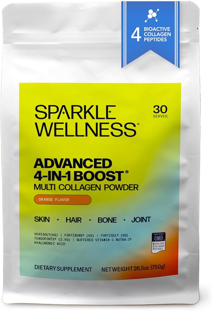 Sparkle Wellness Advanced 4 in 1 Boost | Clinically Tested Multi Collagen Powder with VERISOL FORTIBONE FORTIGEL TENDORFORTE | Skin Bone Joint Health | Orange