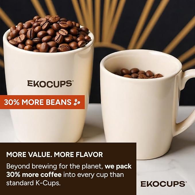 EKOCUPS Organic Espresso Roast Coffee Pods Extra 30% More Coffee Per Cup Artisan Fair Trade Dark Roast Espresso Coffee for Keurig K Cup Machines Recyclable Pods 40 Count