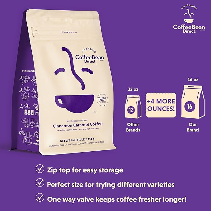 Coffee Bean Direct Cinnamon Caramel Flavored Whole Bean Coffee 1 Pound Bag (Pack of 1)