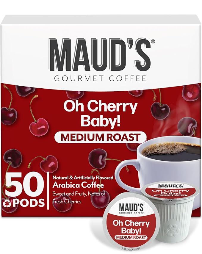Maud's Cherry Flavored Coffee Pods 50 ct Medium Roast Flavored Coffee in Recyclable Single Serve Pods – 100% Arabica Beans Compatible with Keurig K Cups Maker